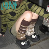 Lunivop Japanese Striped Brown Star Leg Warmers Knitted Double-Sided Woolen Stocking Flared Y2K