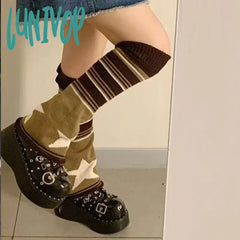 Lunivop Japanese Striped Brown Star Leg Warmers Knitted Double-Sided Woolen Stocking Flared Y2K