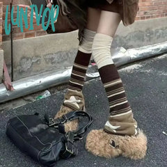 Lunivop Japanese Striped Brown Star Leg Warmers Knitted Double-Sided Woolen Stocking Flared Y2K