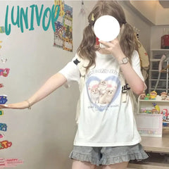 Lunivop Japanese Style Cat Print White T-Shirts Women Sweet Kawaii Cute Short Sleeve Tees Harajuku