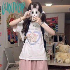 Lunivop Japanese Style Cat Print White T-Shirts Women Sweet Kawaii Cute Short Sleeve Tees Harajuku