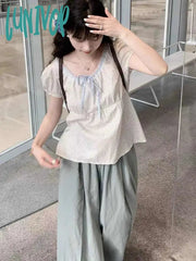 Lunivop Japanese Style Cute Crop T-Shirts Women Y2K Sweet Polka Dot Puff Sleeve Tees Fairycore