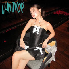 Lunivop Japanese Style Kawaii Bow 2 Piece Set Strapless Tube Tops + Mini Pleated Skirt Sexy