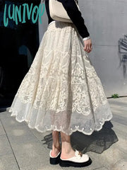 Lunivop Japanese Vintage Lace Half Skirts Women High Waist A-Line Pleated Skirt Female Elegant