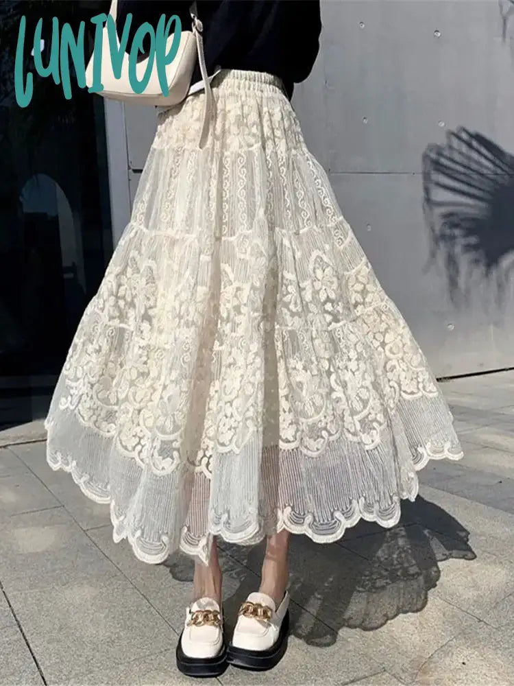 Lunivop Japanese Vintage Lace Half Skirts Women High Waist A-Line Pleated Skirt Female Elegant