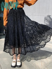 Lunivop Japanese Vintage Lace Half Skirts Women High Waist A-Line Pleated Skirt Female Elegant