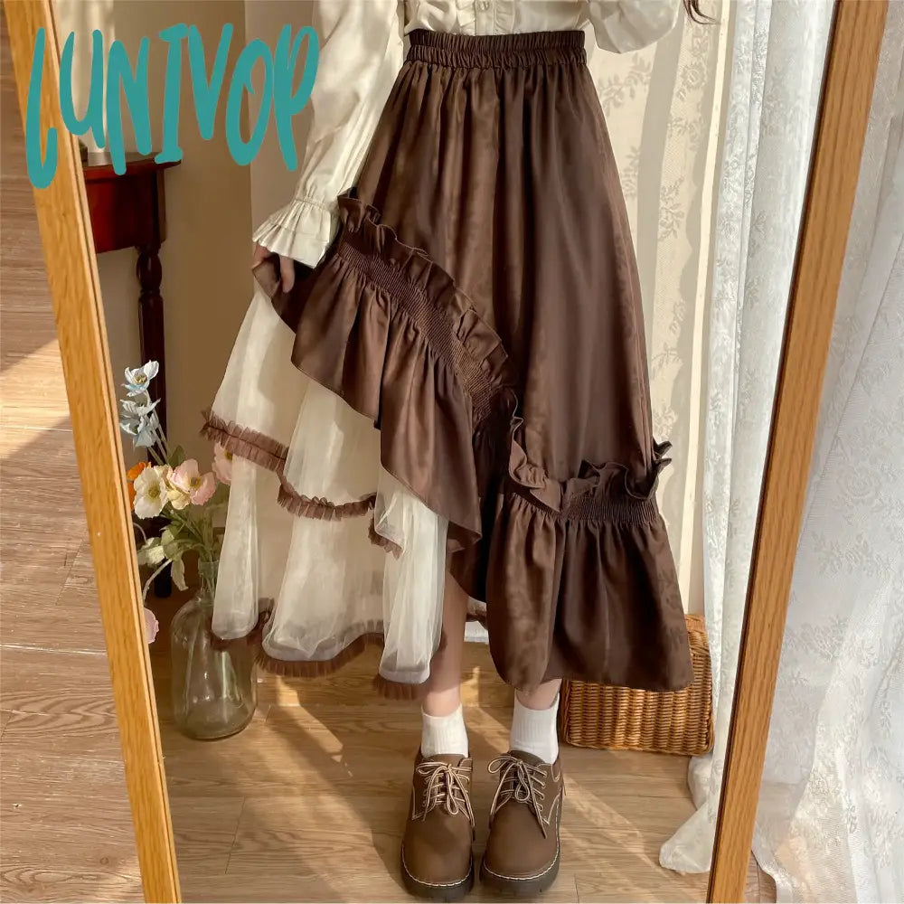 Lunivop Japanese Vintage Lolita Skirts Women Irregularity Mesh Patchwork Ruffles High Waist Long