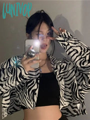 Lunivop Japanese Women Vintage Harajuku Cropped Coats Streetwear Leopard Turn Down Collar Cardigans
