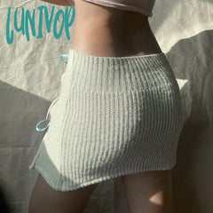 Lunivop Japanese Y2K Coquette White Knitted Mini Skirt Bow Tie Hollow Irregular Skirts For Woman