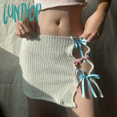 Lunivop Japanese Y2K Coquette White Knitted Mini Skirt Bow Tie Hollow Irregular Skirts For Woman
