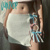 Lunivop Japanese Y2K Coquette White Knitted Mini Skirt Bow Tie Hollow Irregular Skirts For Woman