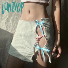 Lunivop Japanese Y2K Coquette White Knitted Mini Skirt Bow Tie Hollow Irregular Skirts For Woman