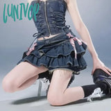 Lunivop Japanese Y2K Denim Skirt Mini Women Kawaii Elastic Waist A-Line Patchwork Cute Sexy Ruffles