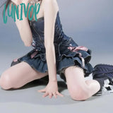 Lunivop Japanese Y2K Denim Skirt Mini Women Kawaii Elastic Waist A-Line Patchwork Cute Sexy Ruffles