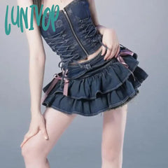 Lunivop Japanese Y2K Denim Skirt Mini Women Kawaii Elastic Waist A-Line Patchwork Cute Sexy Ruffles