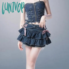 Lunivop Japanese Y2K Denim Skirt Mini Women Kawaii Elastic Waist A-Line Patchwork Cute Sexy Ruffles