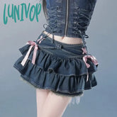Lunivop Japanese Y2K Denim Skirt Mini Women Kawaii Elastic Waist A-Line Patchwork Cute Sexy Ruffles