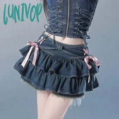 Lunivop Japanese Y2K Denim Skirt Mini Women Kawaii Elastic Waist A-Line Patchwork Cute Sexy Ruffles