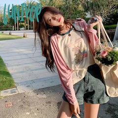 Lunivop Japanese Y2K Kawaii Long Sleeve Pink T-Shirts Women Korean Style Cute Cartoon Patchwork