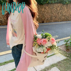 Lunivop Japanese Y2K Kawaii Long Sleeve Pink T-Shirts Women Korean Style Cute Cartoon Patchwork