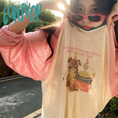 Lunivop Japanese Y2K Kawaii Long Sleeve Pink T-Shirts Women Korean Style Cute Cartoon Patchwork