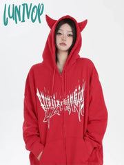 Lunivop Japanese Zip Up Devil Horns Hoodies Women Harajuku Punk Gothic Sweatshirt Fairy Grunge
