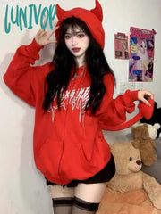 Lunivop Japanese Zip Up Devil Horns Hoodies Women Harajuku Punk Gothic Sweatshirt Fairy Grunge