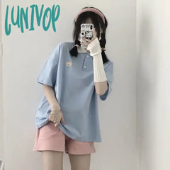 Lunivop Kawaii Bear Pink Tshirts Women Japanese Style Cute Sweet Polo Collar Blue T Shirts Female