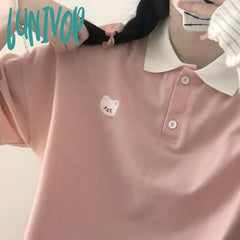 Lunivop Kawaii Bear Pink Tshirts Women Japanese Style Cute Sweet Polo Collar Blue T Shirts Female