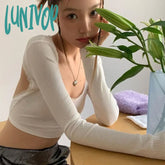 Lunivop Kawaii Bow Bandage Long Sleeve Women Tees 2024 Spring Lace Sexy Slim O-Neck White T-Shirt