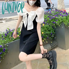 Lunivop Kawaii Bow Black Dress Japanese Lolita For Women Girl Party Birthday Mini Dresses Female