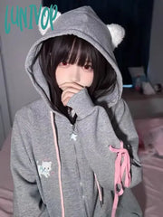 Lunivop Kawaii Cat Ears Zip Up Hoodies Women Sweet Girl Japanese Fashion Hooded Sweatshirts Cute