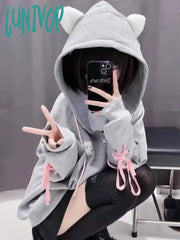 Lunivop Kawaii Cat Ears Zip Up Hoodies Women Sweet Girl Japanese Fashion Hooded Sweatshirts Cute