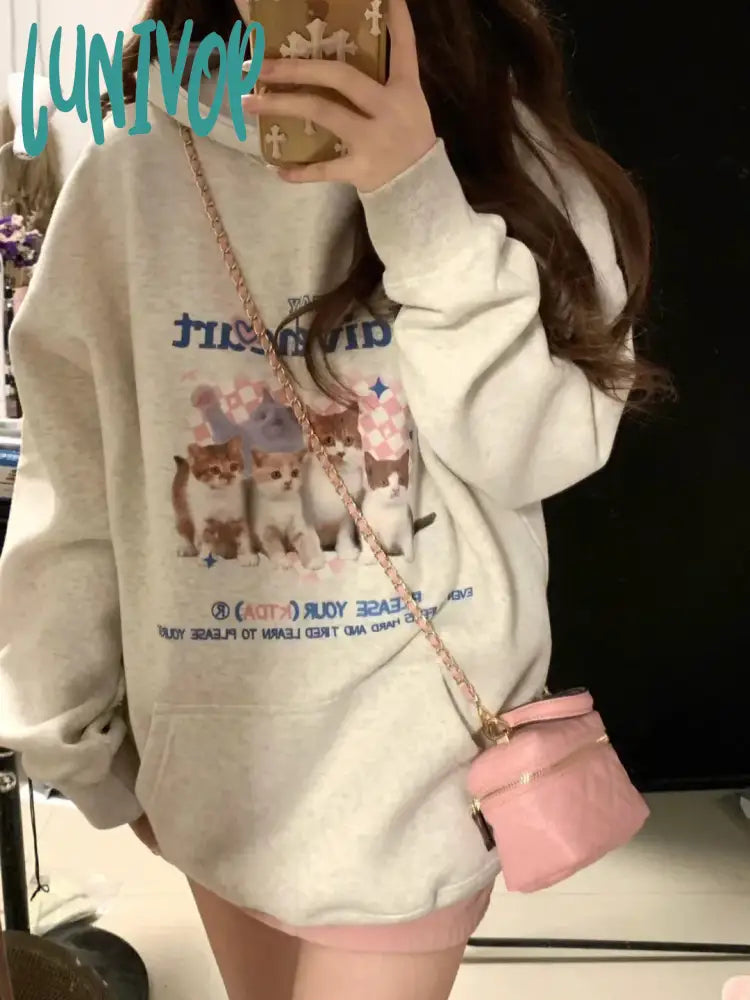 Lunivop Kawaii Cat Print Hoodies Women Sweet Cute Aesthetic Animal Graphic Hooded Pullover Casual