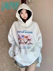 Lunivop Kawaii Cat Print Hoodies Women Sweet Cute Aesthetic Animal Graphic Hooded Pullover Casual