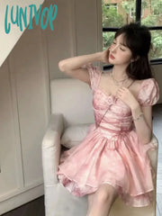 Lunivop Kawaii Elegant Fairy Mini Dress Summer Vintage Puff Sleeve Bandage Floral Women Evening