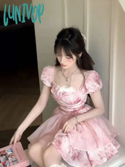 Lunivop Kawaii Elegant Fairy Mini Dress Summer Vintage Puff Sleeve Bandage Floral Women Evening