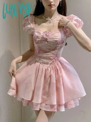 Lunivop Kawaii Elegant Fairy Mini Dress Summer Vintage Puff Sleeve Bandage Floral Women Evening