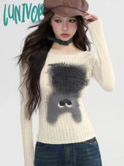 Lunivop Kawaii Graphic T Shirts Women Korean Style Cute Cat Print Crop Tops Kpop Casual Vertical