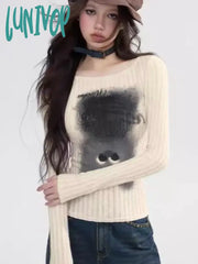 Lunivop Kawaii Graphic T Shirts Women Korean Style Cute Cat Print Crop Tops Kpop Casual Vertical