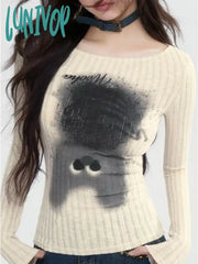 Lunivop Kawaii Graphic T Shirts Women Korean Style Cute Cat Print Crop Tops Kpop Casual Vertical