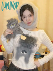 Lunivop Kawaii Graphic T Shirts Women Korean Style Cute Cat Print Crop Tops Kpop Casual Vertical