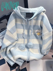Lunivop Kawaii Hooded Knitted Cardigan Women Sweet Cute Harajuku Zip Up Striped Sweater Cartoon