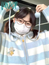 Lunivop Kawaii Hooded Knitted Cardigan Women Sweet Cute Harajuku Zip Up Striped Sweater Cartoon