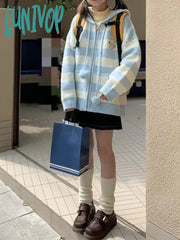 Lunivop Kawaii Hooded Knitted Cardigan Women Sweet Cute Harajuku Zip Up Striped Sweater Cartoon