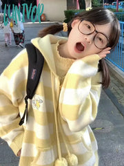 Lunivop Kawaii Hooded Knitted Cardigan Women Sweet Cute Harajuku Zip Up Striped Sweater Cartoon