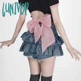 Lunivop Kawaii Jean Skirt Shorts Women Korean Fashion High Waist A-line Belt Patchwork Cute Ruffles Denim Mini Skirt Summer