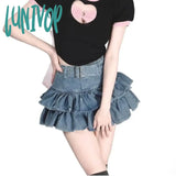 Lunivop Kawaii Jean Skirt Shorts Women Korean Fashion High Waist A-Line Belt Patchwork Cute Ruffles