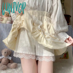 Lunivop Kawaii Lace Mini Skirts Women Fall Winter Cute Pleated Girls Sweet Lolita Elastic High