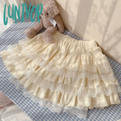 Lunivop Kawaii Lace Mini Skirts Women Fall Winter Cute Pleated Girls Sweet Lolita Elastic High